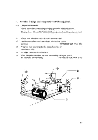 45
4. Prevention of danger caused by general construction equipment
4.4 Compaction machine
Rollers are usually used as compacting equipment for roads and grounds.
Check points: (RefertoTCVN5308:1991Codeofpractice for building safety technique)
(1) Worker shall not ride on machine except operator sheet
(2) Headlights and alarm must be equipped with machine in good
condition. (TCVN 5308:1991, Article 6.9)
(3) A flagman must be arranged at the place where risks of
rolling/falling exist.
(4) No worker can stand at the blind spot.
(5) When the operator leaves a machine, he must stop the engine, put on
the break and remove the key. (TCVN 5308:1991, Article 6.19)
 