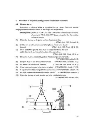 49
4. Prevention of danger caused by general construction equipment
4.8 Slinging works
Precaution for slinging works is highlighted in this clause. The most suitable
slinging tools must be chose based on the weight and shape of load.
Check points: (Refer to: TCVN 4244:1986 Code for the safe technique of crane.
Equipment; TCVN 5308:1991 Code of practice for the building
safety technique)
(1) Check the damage of sling wire such as shapeless and cut
(TCVN 4244:1986, Appendix 4)
(2) Unifilar wire is not recommended to hang loads. Prural wires should
be used. (TCVN 4244:1986, Article 5.2.12~14)
(3) When load off the ground, lifting must be stopped and keep the load
stable. Cannot lift and move horizontally at the same time.
(TCVN 4244:1986, Article 6.5.14, e)
(4) Sling wires must be protected by pads at the acute angle corner of loads.
(TCVN 4244:1986. Article 5.2.2)
(5) Sleepers must be laid down under the loads. (TCVN 4244:1986, Article 6.5.14, j)
(6) No person can stand under the loads. (TCVN 4244:1986, Article 6.5.14, g)
(7) A lead rope must be used to handle the long load. (TCVN 5308:1991, Article 17.1.10)
(8) A signalman must be arranged for the crane works.(TCVN 4244:1986, Article 6.4.7)
(9) An angle between two wires must be less than 60o
°(TCVN 4244:1986, Appendix 3)
(10) Check the damage of hook, shackle and other metal attachments
(TCVN 4244:1986, Article 6.4.18)
 