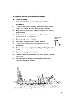 75
10. Prevention of danger caused by offshore operation
10.1 Pump type dredger
Points to note for the pump type dredger are shown below.
Check points:
(1) Contents of work must be notified to all people concerned with the
project. (2) A qualified person for dredging must be assigned.
(3) A signalman must be assigned and common signals must be shared
among workers.
(4) Workers must wear appropriate clothing, safety protective equipment
and life preservers for dredging works.
(5) Safety walkways must be arranged.
(6) Winches and wire ropes must be checked regularly.
(7) Operators and workers cannot stand at the inside of wire's
interior angle.
(8) At least two workers are required to work together for night operation
on deck.
(9) Condition of mooring must be checked.
(10) Necessary measures must be taken according to weather and ocean
phenomena.
(11) The condition of a brake and a stopper of each winch must be
checked before starting operation.
 