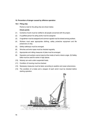 78
10. Prevention of danger caused by offshore operation
10.4 Piling ship
Points to note for the piling ship are shown below.
Check points
(1) Contents of work must be notified to all people concerned with the project.
(2) A qualified person for piling works must be assigned.
(3) A signalman must be assigned and common signals must be shared among workers.
(4) Workers must wear appropriate clothing, safety protective equipment and life
preservers on ship.
(5) Safety walkways must be arranged.
(6) Winches and wire ropes must be checked regularly.
(7) Appropriate anti rolling measures of piles must be arranged.
(8) Operators and workers cannot stand at the inside of wire's interior angle. (9) Safety
belts must be used for works in high places.
(10) Nobody can work under suspended loads.
(11) Condition of mooring must be checked.
(12) Necessary measures must be taken according to weather and ocean phenomena.
(13) The condition of a brake and a stopper of each winch must be checked before
starting operation.
 