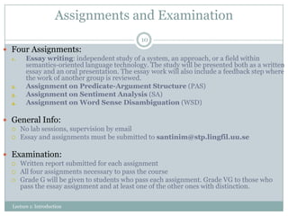 Assignments and Examination
10

 Four Assignments:
1.
Essay writing: independent study of a system, an approach, or a fie...