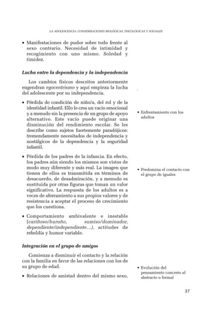 37 
LA ADOLESCENCIA: CONSIDERACIONES BIOLÓGICAS, PSICOLÓGICAS Y SOCIALES 
• Manifestaciones de pudor sobre todo frente al 
sexo contrario. Necesidad de intimidad y 
recogimiento con uno mismo. Soledad y 
timidez. 
Lucha entre la dependencia y la independencia 
Los cambios físicos descritos anteriormente 
engendran egocentrismo y aquí empieza la lucha 
del adolescente por su independencia. 
• Pérdida de condición de niño/a, del rol y de la 
identidad infantil. Ello le crea un vacío emocional 
y a menudo sin la presencia de un grupo de apoyo 
alternativo. Este vacío puede originar una 
disminución del rendimiento escolar. Se les 
describe como sujetos fuertemente paradójicos: 
tremendamente necesitados de independencia y 
nostálgicos de la dependencia y la seguridad 
infantil. 
• Pérdida de los padres de la infancia. En efecto, 
los padres aún siendo los mismos son vistos de 
modo muy diferente y más real. La imagen que 
tienen de ellos es transmitida en términos de 
desacuerdo, de desadmiración, y a menudo es 
sustituida por otras figuras que toman un valor 
significativo. La respuesta de los adultos es a 
veces de aferramiento a sus propios valores y de 
resistencia a aceptar el proceso de crecimiento 
que los cuestiona. 
• Comportamiento ambivalente e inestable 
(cariñoso/huraño, sumiso/dominador, 
dependiente/independiente…), actitudes de 
rebeldía y humor variable. 
Integración en el grupo de amigos 
Comienza a disminuir el contacto y la relación 
con la familia en favor de las relaciones con los de 
su grupo de edad. 
• Relaciones de amistad dentro del mismo sexo, 
. 
• Enfrentamiento con los 
adultos 
• Predomina el contacto con 
el grupo de iguales 
• Evolución del 
pensamiento concreto al 
abstracto o formal 
 
