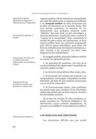 68 
MANUAL DE SALUD REPRODUCTIVA EN LA ADOLESCENCIA 
angustia paterna o de los intentos de manipulación 
por parte del adolescente, se impone una reflexión 
y un sosegado análisis de estas situaciones que 
pueden ser frecuentes en la consulta diaria. Con 
una mirada optimista: la mayoría de los 
adolescentes que podemos etiquetar como 
“difíciles” dan más tarde un giro psicológico y, 
entre los dieciocho y veinticinco años, vuelven al 
“camino de la normalidad”. Pero, atendiendo la 
unidad bio-psico-social del adolescente, se hace 
imprescindible tener una adecuada preparación 
para ofrecer apoyo psicológico, para tratar tan 
bien las actitudes como los trastornos biológicos, y 
para orientar a las personas tan bien como 
diagnosticar las enfermedades. 
El sosegado análisis propuesto debería consistir 
en valorar los siguientes puntos: 
1. La gravedad del problema. ¿Se trata de la 
conducta habitual del adolescente, o ha habido un 
marcado cambio en ella? 
2. La duración del problema: días, meses, años. 
3. El desarrollo del adolescente respecto a su 
independencia, autoimagen, compañeros, escuela, 
identidad. ¿Se trata de una conducta consecuente 
con su nivel de desarrollo? 
4. El funcionamiento diario. ¿Son problemas 
tan graves como para interferir en las actividades 
diarias del adolescente en áreas como la escuela o 
las actividades sociales? 
En la base de muchos de estos problemas se 
puede encontrar un “Trastorno Adaptativo” del 
adolescente, cuyos criterios diagnósticos, de 
acuerdo con el DSM-IV se describen en la tabla nº 
1. 
LAS CONSULTAS MÁS FRECUENTES 
Las situaciones difíciles por que puede 
Episodios de abulia: 
plantearse el diagnóstico 
diferencial con la depresión 
Necesidad de explorar el 
mundo 
Evitar juicios de valor ante 
un adolescente que 
experimenta con sustancias 
tóxicas 
Orientación de los 
problemas escolares que 
presente un adolescente 
Síntomas psicosomáticos 
 