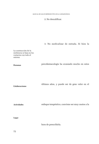 72 
MANUAL DE SALUD REPRODUCTIVA EN LA ADOLESCENCIA 
2. No descalificar. 
3. No medicalizar de entrada. Si bien la 
psicofarmacología ha avanzado mucho en estos 
últimos años, y puede ser de gran valor en el 
enfoque terapéutico, conviene ser muy cautos a la 
hora de prescribirla. 
La construcción de la 
resiliencia se basa en los 
contactos con todo el 
entorno 
Personas 
Colaboraciones 
Actividades 
Lugar 
 