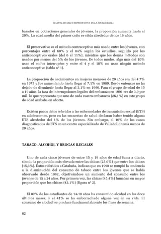 basados en poblaciones generales de jóvenes, la proporción aumenta hasta el 
20%. La edad media del primer coito se sitúa alrededor de los 16 años. 
El preservativo es el método contraceptivo más usado entre los jóvenes, con 
porcentajes entre el 60% y el 84% según los estudios, seguido por los 
anticonceptivos orales (del 6 al 11%), mientras que los demás métodos son 
usados por menos del 5% de los jóvenes. De todos modos, algo más del 10% 
usan el coitus interruptus y entre el 4 y el 10% no usan ningún método 
anticonceptivo (tabla nº 1). 
La proporción de nacimientos en mujeres menores de 20 años era del 4,7% 
en 1975 y fue aumentando hasta llegar al 7,1% en 1980. Desde entonces no ha 
dejado de disminuir hasta llegar al 3,1% en 1996. Para el grupo de edad de 15 
a 19 años, la tasa de interrupciones legales del embarazo en 1991 era de 3,9 por 
mil, lo que representa que uno de cada cuatro embarazos (26,1%) en este grupo 
de edad acababa en aborto. 
Existen pocos datos referidos a las enfermedades de transmisión sexual (ETS) 
en adolescentes, pero en las encuestas de salud declaran haber tenido alguna 
ETS alrededor del 1% de los jóvenes. Sin embargo, el 10% de los casos 
diagnosticados de ETS en un centro especializado de Valladolid tenía menos de 
20 años. 
TABACO, ALCOHOL Y DROGAS ILEGALES 
Uno de cada cinco jóvenes de entre 15 y 19 años de edad fuma a diario, 
siendo la proporción más elevada entre las chicas (25,6%) que entre los chicos 
(15,3%). Datos referidos a Cataluña, indican que en 1998 se rompió la tendencia 
a la disminución del consumo de tabaco entre los jóvenes que se había 
observado desde 1982, objetivándose un aumento del consumo entre los 
jóvenes de 15 a 24 años. Por primera vez, las chicas (45,4%) fumaban en mayor 
proporción que los chicos (43,1%) (figura nº 2). 
El 82% de los estudiantes de 14-18 años ha consumido alcohol en los doce 
últimos meses, y el 41% se ha emborrachado alguna vez en su vida. El 
consumo de alcohol se produce fundamentalmente los fines de semana. 
82 
MANUAL DE SALUD REPRODUCTIVA EN LA ADOLESCENCIA 
 