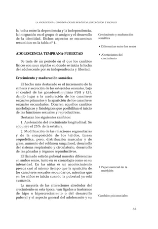 35 
LA ADOLESCENCIA: CONSIDERACIONES BIOLÓGICAS, PSICOLÓGICAS Y SOCIALES 
la lucha entre la dependencia y la independencia, 
la integración en el grupo de amigos y el desarrollo 
de la identidad. Dichos aspectos se encuentran 
resumidos en la tabla nº 1. 
ADOLESCENCIA TEMPRANA-PUBERTAD 
Se trata de un período en el que los cambios 
físicos son muy rápidos en donde se inicia la lucha 
del adolescente por su independencia y libertad. 
Crecimiento y maduración somática 
El hecho más destacado es el incremento de la 
síntesis y secreción de los esteroides sexuales, bajo 
el control de las gonadoestimulinas FSH y LH, 
dando lugar a la maduración de los caracteres 
sexuales primarios y la aparición de los caracteres 
sexuales secundarios. Ocurren aquellos cambios 
morfológicos y fisiológicos que posibilitan el inicio 
de las funciones sexuales y reproductivas. 
Destacan los siguientes cambios: 
1. Aceleración del crecimiento longitudinal. Se 
adquiere el 25% de la estatura. 
2. Modificación de las relaciones segmentarias 
y de la composición de los tejidos, (masa 
esquelética, peso, distribución muscular y de 
grasa, aumento del volúmen sanguíneo), desarrollo 
del sistema respiratorio y circulatorio, desarrollo 
de las gónadas y órganos reproductivos. 
El llamado estirón puberal muestra diferencias 
en ambos sexos, tanto en su cronología como en su 
intensidad. En las niñas es un acontecimiento 
precoz casi al mismo tiempo que la aparición de 
los caracteres sexuales secundarios, mientras que 
en los niños se inicia cuando la pubertad ya está 
avanzada. 
La mayoría de las alteraciones alrededor del 
crecimiento en esta época, van ligados a trastornos 
de hipo o hipercrecimiento o del desarrollo 
puberal y el aspecto general del adolescente y su 
Crecimiento y maduración 
somática 
• Diferencias entre los sexos 
• Alteraciones del 
crecimiento 
• Papel esencial de la 
nutrición 
Cambios psicosociales 
 