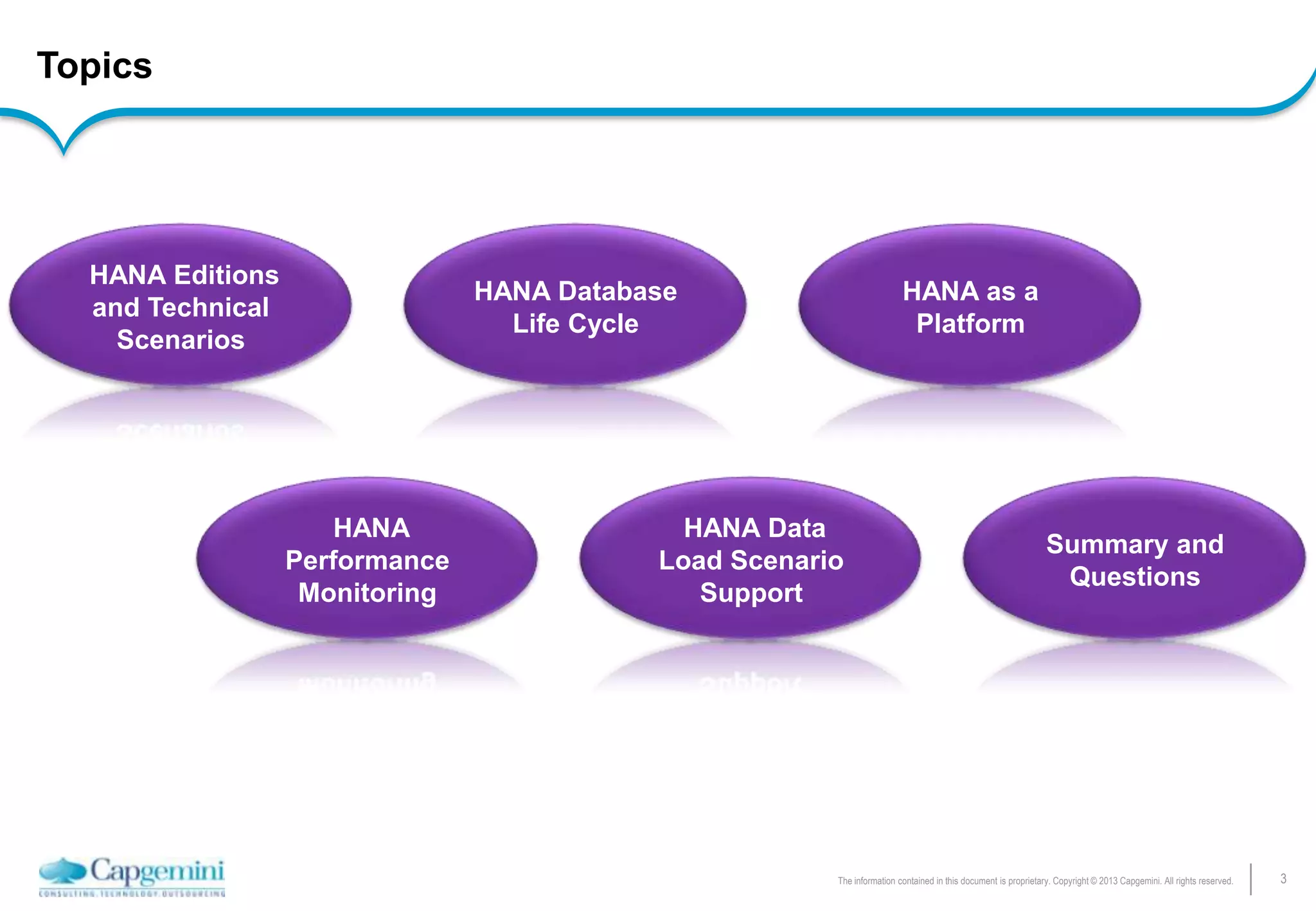 3The information contained in this document is proprietary. Copyright © 2013 Capgemini. All rights reserved.
Topics
HANA Editions
and Technical
Scenarios
HANA Database
Life Cycle
HANA as a
Platform
HANA
Performance
Monitoring
HANA Data
Load Scenario
Support
Summary and
Questions
 
