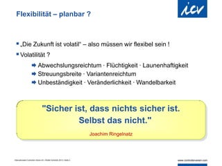Internationaler Controller Verein eV | Walter Schmidt| 2013 | Seite 3
Flexibilität – planbar ?
"Sicher ist, dass nichts sicher ist.
Selbst das nicht."
Joachim Ringelnatz
„Die Zukunft ist volatil“ – also müssen wir flexibel sein !
Volatilität ?
 Abwechslungsreichtum · Flüchtigkeit · Launenhaftigkeit
 Streuungsbreite · Variantenreichtum
 Unbeständigkeit · Veränderlichkeit · Wandelbarkeit
 