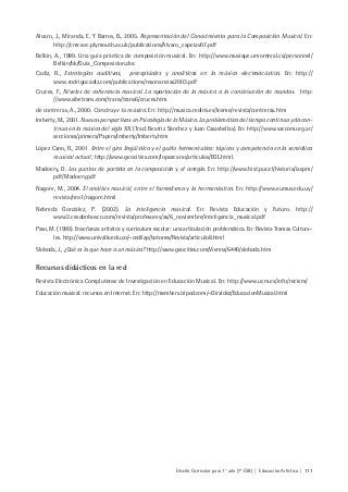 Diseño Curricular para 1° año (7° ESB) | Educación Artística | 111
Alvaro, J., Miranda, E. Y Barros, B., 2005. Representación del Conocimiento para la Composición Musical. En:
http://cmr.soc.plymouth.ac.uk/publications/Alvaro_capeiav07.pdf
Belkin, A., 1999. Una guía práctica de composición musical. En: http://www.musique.umontreal.ca/personnel/
Belkin/bk/Guia_Composicion.doc
Cadiz, R., Estrategias auditivas, preceptúales y analíticas en la música electroacústica. En: http://
www.rodrigocadiz.com/publications/resonancias2003.pdf
Cruces, F., Niveles de coherencia musical. La aportación de la música a la construcción de mundos. http:
//www.sibetrans.com/trans/trans6/cruces.htm
de contreras, A., 2000. Construye tu música. En: http://musica.rediris.es/leeme/revista/contreras.htm
Imberty, M., 2001. Nuevas perspectivas en Psicología de la Música. La problemática del tiempo continuo y discon-
tinuo en la música del siglo XX. (Trad. Beatriz Sánchez y Juan Casasbellas). En: http://www.saccom.org.ar/
secciones/primera/Papers/Imberty/Imberty.htm
López Cano, R., 2001 Entre el giro lingüístico y el guiño hermenéutico: tópicos y competencia en la semiótica
musical actual; http://www.geocities.com/lopezcano/articulos/EGL.html.
Madoery, D. Los puntos de partida en la composición y el arreglo. En: http://www.hist.puc.cl/historia/iaspm/
pdf/Madoery.pdf
Nagore, M., 2004. El análisis musical, entre el formalismo y la hermenéutica. En: http://www.eumus.edu.uy/
revista/nro1/nagore.html
Nebreda González, P. (2002). La inteligencia musical. En: Revista Educación y Futuro. http://
www2.cesdonbosco.com/revista/profesores/as/6_noviembre/inteligencia_musical.pdf
Paso, M. (1999). Enseñanza artística y curriculum escolar: una articulación problemática. En: Revista Tramas Cultura-
les. http://www.univalle.edu.co/~cedilap/botones/Revista/articulo8.html
Sloboda, J., ¿Qué es lo que hace a un músico? http://www.geocities.com/Vienna/6440/sloboda.htm
Recursos didácticos en la red
Revista Electrónica Complutense de Investigación en Educación Musical. En: http://www.ucm.es/info/reciem/
Educación musical: recursos en Internet. En: http://members.tripod.com/~Giraldez/EducacionMusical.html
 