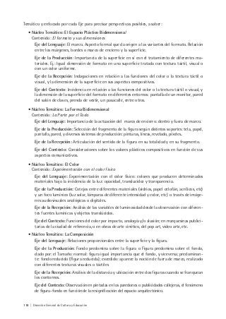 118 | Dirección General de Cultura y Educación
Temático y enfocado por cada Eje para precisar perspectivas posibles, a saber:
• Núcleo Temático: El Espacio Plástico Bidimensional
Contenido: El formato y sus dimensiones
Eje del Lenguaje: El marco. Aspecto formal que da origen a las variantes del formato. Relación
entre los márgenes, bordes o marco de encierro y la superficie.
Eje de la Producción: Importancia de la superficie en sí con el tratamiento de diferentes ma-
teriales. Ej.: Igual dimensión de formato en una superficie tratada con textura táctil, visual o
con un color uniforme.
Eje de la Recepción: Indagaciones en relación a las funciones del color o la textura táctil o
visual, y la dimensión de la superficie en sus aspectos compositivos.
Eje del Contexto: Incidencia en relación a las funciones del color o la textura táctil o visual, y
la dimensión de la superficie del formato en diferentes entornos: pantalla de un monitor, pared
del salón de clases, prenda de vestir, un pasacalle, entre otros.
• Núcleo Temático: La Forma Bidimensional
Contenido: La Parte por el Todo
Eje del Lenguaje: Importancia de la actuación del marco de encierro: dentro y fuera de marco.
Eje de la Producción: Selección del fragmento de la figura según distintos soportes: tela, papel,
pantalla, pared, y diversos sistemas de producción: pinturas, líneas, revelado, píxeles..
Eje de la Recepción: Articulación del sentido de la figura en su totalidad y en su fragmento.
Eje del Contexto: Consideraciones sobre los valores plásticos compositivos en función de sus
aspectos comunicativos.
• Núcleo Temático: El Color
Contenido: Experimentación con el color físico
Eje del Lenguaje: Experimentación con el color físico: colores que producen determinados
materiales bajo la incidencia de la luz: opacidad, translucidez y transparencia.
Eje de la Producción: Cotejos entre diferentes materiales (vidrios, papel celofán, acrílicos, etc)
y un foco lumínico (luz solar, lámparas de diferente intensidad y color, etc) o través de imáge-
nes audiovisuales analógicas o digitales.
Eje de la Recepción: Análisis de las variables de luminosidad desde la observación con diferen-
tes fuentes lumínicas y objetos translúcidos.
Eje del Contexto: Funciones del color por impacto, analogía y/o alusión; en marquesinas publici-
tarias de la ciudad de referencia, o en obras de arte cinético, del pop art, video arte, etc.
• Núcleo Temático: La Composición
Eje del Lenguaje: Relaciones proporcionales entre la superficie y la figura.
Eje de la Producción: Fondo predomina sobre la figura o Figura predomina sobre el fondo,
dado por: el Tamaño: normal: figura igual importancia que el fondo, y viceversa; predominan-
te: fondo reducido (Figura reducida); excedido: aparece la noción de fuera de marco, realizado
con diferentes texturas visuales o táctiles
Eje de la Recepción: Análisis de la distancia y ubicación entre dos figuras cuando se franquean
los contornos.
Eje del Contexto: Observación en pintadas en los paredones o publicidades callejeras, el fenómeno
de figura-fondo en función de la resignificación del espacio arquitectónico.
 