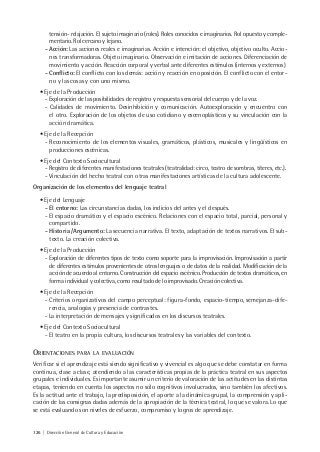 126 | Dirección General de Cultura y Educación
tensión- relajación. El sujeto imaginario (roles). Roles conocidos e imaginarios. Rol opuesto y comple-
mentario. Rol cercano y lejano.
- Acción: Las acciones reales e imaginarias. Acción e intención: el objetivo, objetivo oculto. Accio-
nes transformadoras. Objeto imaginario. Observación e imitación de acciones. Diferenciación de
movimiento y acción. Reacción corporal y verbal ante diferentes estímulos (internos y externos)
- Conflicto: El conflicto con los demás: acción y reacción en oposición. El conflicto con el entor-
no y las cosas y con uno mismo.
• Eje de la Producción
- Exploración de las posibilidades de registro y respuesta sensorial del cuerpo y de la voz.
- Calidades de movimiento. Desinhibición y comunicación. Autoexploración y encuentro con
el otro. Exploración de los objetos de uso cotidiano y escenoplásticos y su vinculación con la
acción dramática.
• Eje de la Recepción
- Reconocimiento de los elementos visuales, gramáticos, plásticos, musicales y lingüísticos en
producciones escénicas.
• Eje del Contexto Sociocultural
- Registro de diferentes manifestaciones teatrales (teatralidad: circo, teatro de sombras, títeres, etc.).
- Vinculación del hecho teatral con otras manifestaciones artísticas de la cultura adolescente.
Organización de los elementos del lenguaje teatral
• Eje del Lenguaje
- El entorno: Las circunstancias dadas, los indicios del antes y el después.
- El espacio dramático y el espacio escénico. Relaciones con el espacio total, parcial, personal y
compartido.
- Historia /Argumento: La secuencia narrativa. El texto, adaptación de textos narrativos. El sub-
texto. La creación colectiva.
• Eje de la Producción
- Exploración de diferentes tipos de texto como soporte para la improvisación. Improvisación a partir
de diferentes estímulos provenientes de otros lenguajes o de datos de la realidad. Modificación de la
acción de acuerdo al entorno. Construcción del espacio escénico. Producción de textos dramáticos, en
forma individual y colectiva, como resultado de lo improvisado. Creación colectiva.
• Eje de la Recepción
- Criterios organizativos del campo perceptual: figura-fondo, espacio-tiempo, semejanza-dife-
rencia, analogías y presencia de contrastes.
- La interpretación de mensajes y significados en los discursos teatrales.
• Eje del Contexto Sociocultural
- El teatro en la propia cultura, los discursos teatrales y las variables del contexto.
ORIENTACIONES PARA LA EVALUACIÓN
Verificar si el aprendizaje está siendo significativo y vivencial es algo que se debe constatar en forma
continua, clase a clase, atendiendo a las características propias de la práctica teatral en sus aspectos
grupales e individuales. Es importante asumir un criterio de valoración de las actitudes en las distintas
etapas, teniendo en cuenta los aspectos no sólo cognitivos involucrados, sino también los afectivos.
Es la actitud ante el trabajo, la predisposición, el aporte a la dinámica grupal, la comprensión y apli-
cación de las consignas dadas además de la apropiación de la técnica teatral, lo que se valora. Lo que
se está evaluando son niveles de esfuerzo, compromiso y logros de aprendizaje.
 