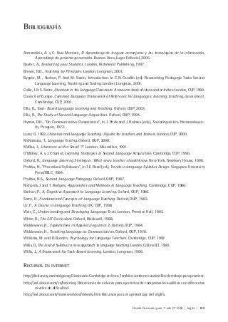 Diseño Curricular para 1° año (7° ESB) | Inglés | 169
BIBLIOGRAFÍA
Armendáriz, A. y C. Ruiz Montani, El Aprendizaje de lenguas extranjeras y las tecnologías de la información,
Aprendizaje de próxima generación. Buenos Aires, Lugar Editorial, 2005.
Baxter, A., Evaluating your Students. London, Richmond Publishing, 1997.
Brown, H.D., Teaching by Principles. London, Longman, 2001.
Bygate, M. , Skehan, P. And M. Swain, Introduction. In C.N. Candlin (ed). Researching Pedagogic Tasks Second
Language Learning, Teaching and Testing. London, Longman, 2001.
Collie, J. & S. Slater, Literature in the Language Classroom: A resource book of ideas and activities. London, CUP, 1999.
Council of Europe, Common European Framework of Reference for Languages: learning, teaching, assessment.
Cambridge, CUP, 2001.
Ellis, R., Task- Based Language Learning and Teaching. Oxford, OUP, 2003.
Ellis, R., The Study of Second Language Acquisition. Oxford, OUP, 1994.
Hymes, D.H., “On Communicative Competence”, in J. Pride and J. Holmes (eds.), Sociolinguistics. Harmondswor-
th, Penguin, 1972.
Lazar, G. 1993, Literature and Language Teaching: A guide for teachers and trainers. London, CUP, 2000.
McNamara, T., Language Testing. Oxford, OUP, 2000.
McRae, J., Literature with a Small “l”. London, Macmillan, 1991.
O’Malley, A. y J. Chamot, Learning Strategies in Second Language Acquisition. Cambridge, CUP, 1990.
Oxford, R., Language Learning Strategies: What every teacher should know. New York, Newbury House, 1990.
Prabhu, N., “Procedural Syllabuses”, in T.E. Reed (ed.), Trends in Language Syllabus Design. Singapore University
Press/RELC, 1984.
Prabhu, N.S., Second Language Pedagogy. Oxford, OUP, 1987.
Richards, J and T. Rodgers, Approaches and Methods in Language Teaching. Cambridge, CUP, 1986.
Skehan, P., A, Cognitive Approach to Language Learning. Oxford, OUP, 1998.
Stern, H., Fundamental Concepts of Language Teaching. Oxford, OUP, 1983.
Ur, P., A Course in Language Teaching. UK, CUP, 1998.
Weir, C., Understanding and Developing Language Tests. London, Prentice Hall, 1993.
White, R., The ELT Curriculum. Oxford, Blackwell, 1988.
Widdowson, H., Explorations in Applied Linguistics 2. Oxford, OUP, 1984.
Widdowson, H., Teaching Language as Communication. Oxford, OUP, 1978.
Williams, M. and R. Burden, Psychology for Language Teachers. Cambridge, CUP, 1997.
Willis, D., The Lexical Syllabus: a new approach to language teaching. London, Collins ELT, 1990.
Willis, J., A Framework for Task-Based Learning. London, Longman, 1996.
RECURSOS EN INTERNET
http://dictionary.cambridge.org Diccionario Cambridge en línea. También contiene cuadernillos de trabajo para practicar.
http://esl.about.com/cs/listening Direcciones de enlaces para ejercicios de comprensión auditiva con diferentes
niveles de dificultad.
http://esl.about.com/homework/esl/mbody.htm Recursos para el aprendizaje del inglés.
 