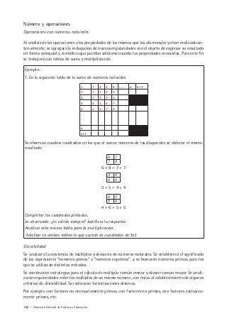 182 | Dirección General de Cultura y Educación
Número y operaciones
Operaciones con números naturales
Al análisis de las operaciones y las propiedades de las mismas que los alumnos/as ya han realizado an-
teriormente, se agregará la indagación de nuevas regularidades con el objeto de expresar su resultado
en forma coloquial y simbólica que puedan validarse usando las propiedades conocidas. Para este fin
se trabajará con tablas de suma y multiplicación.
Ejemplo:
1. En la siguiente tabla de la suma de números naturales
+ 1 2 3 4 ….. n n+1
1 2 3 4 5
2 3 4 5 6
3 4 5 6 7
4 5 6 7 8
.
.
.
n
n+1
Se observan cuadros cuadrados en los que al sumar números de las diagonales se obtiene el mismo
resultado:
6 7
7 8
6 + 8 = 7 + 7
3 4
4 5
3 + 5 = 4 + 4
4 5
5 6
4 + 6 = 5 + 5
Completar los cuadrados pintados.
Lo observado: ¿es válido siempre? Justificar la respuesta
Analizar esta misma tabla para la multiplicación.
Analizar en ambas tablas lo que sucede en cuadrados de 3x3
Divisibilidad
Se analizará la existencia de múltiplos y divisores de números naturales. Se establecerá el significado
de las expresiones “números primos” y “números coprimos”, y se buscarán números primos, para los
que se utilizarán distintos métodos.
Se construirán estrategias para el cálculo de múltiplo común menor y divisor común mayor Se anali-
zarán regularidades entre los múltiplos de un mismo número, con miras al establecimiento de algunos
criterios de divisibilidad. Se realizarán factorizaciones diversas.
Por ejemplo con factores no necesariamente primos, con factores no primos, con factores exclusiva-
mente primos, etc.
 