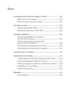 ÍNDICE
La Enseñanza de las Prácticas del Lenguaje en la ESB............................................199
Quién enseña a usar el lenguaje............................................................................202
Qué se entiende por práctica del lenguaje.........................................................203
Expectativas de logro ...........................................................................................................204
Propósitos generales para la ESB...........................................................................204
Expectativas de logro para 1° año (7° ESB)........................................................204
Orientaciones didácticas.....................................................................................................205
El uso del tiempo didáctico en la enseñanza
de las Prácticas del Lenguaje ..................................................................................205
Las Prácticas del Lenguaje en tanto prácticas
de lectura, escritura y oralidad ..............................................................................206
Orientaciones para la enseñanza de la gramática ...........................................209
Orientaciones para el tratamiento de la ortografía ........................................210
Orientaciones para la evaluación ...................................................................................212
Organización de los contenidos ......................................................................................214
La organización de las Prácticas del Lenguaje en ámbitos de uso..............214
Prácticas del Lenguaje en el ámbito de la literatura.......................................215
Prácticas del Lenguaje en el ámbito de la participación ciudadana..........220
Contenidos para 1º año (7° ESB)............................................................................222
Anexo de textos literarios .......................................................................................237
Bibliografía .............................................................................................................................239
Recursos digitales .......................................................................................................239
 