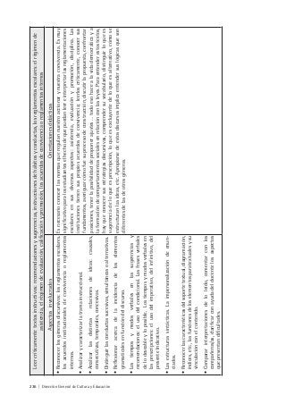 236 | Dirección General de Cultura y Educación
Leercríticamentetextosinstructivos:recomendacionesysugerencias,instruccionesdehábitosyconductas,losreglamentosescolares:elrégimende
asistencia,elrégimendeevaluación,calificaciónypromoción,losacuerdosdeconvivenciaoreglamentosinternos
AspectosinvolucradosOrientacionesdidácticas
•Reconocerlosgénerosdiscursivos:losreglamentosescolares.
losacuerdosinstitucionalesdeconvivenciaoreglamentos
internos.
•Analizarycaracterizarlatramainstruccional.
•Analizarlasdistintasrelacionesdeideas:causales,
consecutivas,temporales,concesivas.
•Distinguirlasconductassucesivas,simultáneasoalternativas.
•Reflexionaracercadelaincidenciadeloselementos
gramaticalesenfuncióndeldiscurso.
•Lostiemposymodosverbalesenlassugerenciasy
recomendaciones:elusodelcondicional.Lasfrasesverbales
delodeseableyloposible.Lostiemposymodosverbalesen
lasprescripciones:elusodelimperativo,delinfinitivo,del
presenteIndicativo.
•Lasestructurassintácticas.Laimpersonalizacióndeenun-
ciados.
•Reconocerlascaracterísticasdelsoportetextual,diagramación,
índices,etc.,lasfuncionesdeloselementosparatextualesysu
vinculaciónconelcontenido.
•Compararinterpretacionesdeloleído,comentarconlos
compañeros/as,clarificarconayudadeldocentelosaspectos
quepresentandificultades.
Esnecesarioconocerlasnormasqueregulannuestroaccionarynuestraconvivencia.Esmuy
significativoparalosestudianteselhechodequepuedanleereinterpretarlasreglamentaciones
escolaresensusdiversosaspectos:asistencia,evaluaciónypromoción,disciplina.Las
institucionestienensuspropiosacuerdosdeconvivencia;leerloscríticamente,conocersus
fundamentos,averiguarcómofuesuprocesodeconstrucción,discutirlapropuesta,confrontar
posiciones,tenerlaposibilidaddeproponerajustes…todoesohacealavidademocráticaya
laformacióndecomportamientossocialesenrelaciónconlasleyes.Paraentenderestostextos,
hayqueconocersusestrategiasdiscursivas,comprendersuvocabulario,distinguirloquees
sugerenciadeloqueesprescripción,loqueesexcluyentedeloqueesalternativo,cómose
estructuranlasideas,etc.Apropiarsedeestosdiscursosimplicaentendersuslógicasqueson
diferentesdelasdeotrosgéneros.
 