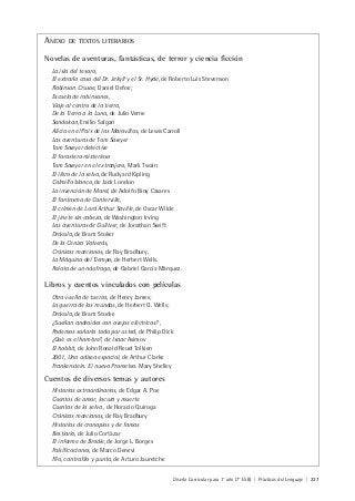 Diseño Curricular para 1° año (7° ESB) | Prácticas del Lenguaje | 237
ANEXO DE TEXTOS LITERARIOS
Novelas de aventuras, fantásticas, de terror y ciencia ficción
La isla del tesoro,
El extraño caso del Dr. Jekyll y el Sr. Hyde, de Roberto Luis Stevenson
Robinson Crusoe, Daniel Defoe;
Escuela de robinsones,
Viaje al centro de la tierra,
De la Tierra a la Luna, de Julio Verne
Sandokan, Emilio Salgari
Alicia en el País de las Maravillas, de Lewis Carroll
Las aventuras de Tom Sawyer
Tom Sawyer detective
El forastero misterioso
Tom Sawyer en el extranjero, Mark Twain
El libro de la selva, de Rudyard Kipling
Colmillo blanco, de Jack London
La invención de Morel, de Adolfo Bioy Casares
El fantasma de Canterville,
El crimen de Lord Arthur Saville, de Oscar Wilde
El jinete sin cabeza, de Washington Irving
Las aventuras de Gulliver, de Jonathan Swift
Drácula, de Bram Stoker
De la Ceniza Volverás,
Crónicas marcianas, de Ray Bradbury.
La Máquina del Tiempo, de Herbert Wells.
Relato de un náufrago, de Gabriel García Márquez.
Libros y cuentos vinculados con películas
Otra vuelta de tuerca, de Henry James;
La guerra de los mundos, de Herbert G. Wells;
Drácula, de Bram Stocke
¿Sueñan androides con ovejas eléctricas? ,
Podemos soñarlo todo por usted, de Philip Dick
¿Qué es el hombre?, de Isaac Asimov
El hobbit, de John Ronald Reuel Tolkien
2001, Una odisea espacial, de Arthur Clarke
Frankenstein. El nuevo Prometeo. Mary Shelley
Cuentos de diversos temas y autores
Historias extraordinarias, de Edgar A. Poe
Cuentos de amor, locura y muerte
Cuentos de la selva , de Horacio Quiroga
Crónicas marcianas, de Ray Bradbury
Historias de cronopios y de famas
Bestiario, de Julio Cortázar
El informe de Brodie, de Jorge L. Borges
Falsificaciones, de Marco Denevi
Filo, contrafilo y punta, de Arturo Jauretche
 