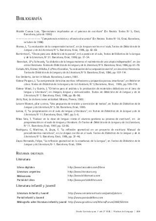 Diseño Curricular para 1° año (7° ESB) | Prácticas del Lenguaje | 239
BIBLIOGRAFÍA
Alcalde Cuevas Luis, “Operaciones implicadas en el proceso de escritura” (En Revista Textos Nº 5, Graó,
Barcelona, julio de 1995)
--------------------- “Competencia retórica y eficacia discursiva” (En Revista Textos Nº 10, Graó, Barcelona,
octubre de 1996).
Alonso, J., “La evaluación de la comprensión lectora”, en La lengua escrita en el aula, Textos de Didáctica de la
Lengua y de la Literatura, No
5. Barcelona, Graó, 1995, pp. 63-69.
Barrientos C., “Claves para una didáctica de la poesía”, en La poesía en el aula, Textos de Didáctica de la Lengua
y de la Literatura, No
21. Barcelona, Graó, 1999, pp. 17-34.
Bronckart, J.P y Scheuwly, “La didáctica de la lengua materna: el nacimiento de una utopía indispensable”, en Las
otras literaturas. Textos de Didáctica de la Lengua y de la Literatura, No
9. Barcelona, Graó, 1996, pp. 61-78.
Cañado, M.L, Gómez; Villalba, E y Pérez González, “La evaluación de la composición escrita”, en Las otras literaturas.
Textos de Didáctica de la Lengua y de la Literatura, No
9. Barcelona, Graó, 1996, pp. 107-114.
Eco Umberto, Lector in fábula. Barcelona, Lumen, 1981.
Gómez Picapeo, J, “La comprensión de textos escritos: reflexiones y propuestas para su enseñanza”, en Hablar en
clase. Textos de Didáctica de la Lengua y de la Literatura, No
3, Barcelona, Graó, 1995, pp. 109-118.
Gómez Vilasó, J y Quirós, J, “Criterios para el análisis y la producción de materiales didácticos en el área de
lengua y Literatura”, en Imagen, lengua y comunicación. Textos de Didáctica de la Lengua y de la
Literatura, No
7. Barcelona, Graó, 1996, pp. 85-98.
Jitrik, Noé, La lectura como actividad. México, Premia, 1982.
Latorre Morant, pilar y otros, “Una propuesta de revisión y corrección de textos”, en Textos de Didáctica de la
Lengua y la Literatura, No
5. Ed. Barcelona, Graó, 1995.
Lomas, C, “La programación en el aula de lengua y literatura”, en Textos de Didáctica de la Lengua y de la
Literatura, No
11. Barcelona, Graó, 1997, pp. 5-6.
Ribas Seix, T, “Evaluar en la clase de lengua: cómo el alumno gestiona su proceso de escritura”, en La
programación en el aula de lengua y literatura. En Textos de Didáctica de la Lengua y de la Literatura,
No
11. Barcelona, Graó, 1997, pp. 53-66.
Rodríguez, C, Martínez, A, Zayas, F, “La reflexión gramatical en un proyecto de escritura: Manual de
procedimientos narrativos”, en La lengua escrita en el aula. Textos de Didáctica de la Lengua y de la
Literatura, No
5. Barcelona, Graó, 1995, pp. 37-46.
Zayas Hernando, Felipe, “La reflexión gramatical en la enseñanza de la Lengua”, en Textos de Didáctica de la
Lengua y la Literatura, No
1. Barcelona, Graó, 1994.
RECURSOS DIGITALES
Literatura
Libros digitales http://www.lanzadera.com/libros
Literatura argentina http://www.literatura.org
Bibliomania http://www.bibliomania.com
Portal del Libro http://www.portaldellibro.com
Literatura infantil y juvenil
Literatura Infantil y Juvenil http://www.cervantesvirtual.com/portal/platero
Portal Infantil y Juvenil http://www.poesiadellibro.com
Bibliografía sobre literatura infantil y juvenil http://www.geocites.com/Athens/Forum/2867/60.htm
 
