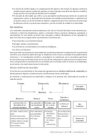 Diseño Curricular para 1° año (7° ESB) | Ciencias Naturales | 31
• La noción de cambio, ligada a la categorización del espacio y del tiempo. En algunos cambios la
transformación supone cambios de posición, en otros la propia naturaleza del objeto se modifica,
lo que permite una concepción dinámica de la realidad.
• El concepto de diversidad que refiere a una variedad de manifestaciones dentro de un patrón de
organización común. La diversidad está vinculada a las múltiples manifestaciones o apariciones de
un patrón común, ya sea de fenómenos, objetos u organismos que si bien muestran caracteres que
los diferencia tienen un patrón que comparten, por ello se habla de unidad en la diversidad.
Ejes temáticos
Los contenidos conceptuales seleccionados para este año en Ciencias Naturales tienen distintas pro-
cedencias o referentes disciplinares, apelan a conceptos físicos, químicos, biológicos, geológicos o
astronómicos. En este diseño curricular esos conceptos o saberes disciplinares se han agrupado en
ejes a los fines de su organización y presentación, los mismos son:
• Los materiales y sus transformaciones.
• Energías, cambio y movimientos.
• La interacción y la diversidad en los sistemas biológicos.
• La Tierra y el Universo.
Estos ejes están necesariamente atravesados por cuestiones propias de la producción de conocimiento
científico y las relaciones dialécticas que se establecen entre ciencia y sociedad. Estas problemáticas
referentes a “la investigación científica y tecnológica” se constituyen así en contenidos específicos
de esta materia que se abordan junto con el resto de los contenidos en cada uno de los núcleos temá-
ticos, enriqueciendo la enseñanza de los contenidos con la reflexión sobre la ciencia, su metodología,
sus alcances y las repercusiones para la vida social.
Núcleos sintéticos de contenidos
A los fines de su presentación se han propuesto agrupaciones en núcleos sintéticos de contenidos en
donde aparecen objetos o fenómenos que científicamente tienen similitudes.
Se muestran a continuación los contenidos a trabajar en el presente año, ordenados de acuerdo al
esquema previo:
CAMBIO INTERACCIÓN DIVERSIDAD
Conceptos
organizadores
SISTEMAS
BIOLÓGICOS QUÍMICOS FÍSICOS
TERRESTRES Y
ASTRONÓMICOS
La interacción y la
diversidad de los
sistemas biológicos
Los materiales y
sus transforma-
ciones
Energías, cam-
bio y movi-
mientos
La Tierra y el
Universo
Ejes
Temáticos
• La Vida: unidad y diver-
sidad.
• Los seres vivos como
sistemas abiertos que inter-
cambian materia y energía.
• El cuerpo humano
como sistema.
• Los materiales y
sus propiedades.
• Las mezclas.
• El agua.
• Energías;
diversidad y
cambio.
• Intercambios
de energía.
• Los
movimientos.
• Los objetos del
Sistema Solar y
sus movimien-
tos. Núcleos de
contenidos
 