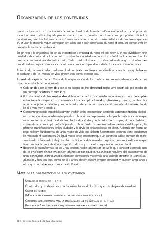 68 | Dirección General de Cultura y Educación
ORGANIZACIÓN DE LOS CONTENIDOS
La estructura para la organización de los contenidos de la materia Ciencias Sociales que se presenta
a continuación está integrada por una serie de componentes que tiene como propósito definir los
contenidos, orientar la tarea de enseñanza, así como la construcción didáctica de los temas que es-
tructuran la materia y que corresponden a los que serán enseñados durante el año, así como también
orientar la tarea de evaluación.
En principio la organización de los contenidos a enseñar durante el año se encuentra dividida en tres
unidades de contenidos. El conjunto de estas tres unidades representa la totalidad de los contenidos
que deberán enseñarse durante el año. Cada una de ellas se encuentra ordenada según distintos mo-
dos de vida y organizaciones socioculturales que corresponden a distintos espacios y sociedades.
Al inicio de cada unidad se ha desarrollado un texto que tiene como finalidad caracterizar globalmen-
te cada uno de los modos de vida prescriptos como contenidos.
A modo de explicación del Mapa de la organización de los contenidos que más abajo se exhibe co-
rresponde establecer lo siguiente:
• Cada unidad de contenidos posee su propio objeto de estudio que será enseñado por medio de
sus correspondientes contenidos.
• El tratamiento de los contenidos deben ser enseñados considerando siempre unos conceptos
estructurantes y que son permanentes. Los conceptos transdisciplinarios y básicos, cambiantes,
según el objeto de estudio y los contenidos, deben servir más específicamente al tratamiento de
los últimos mencionados.
• Con mayor grado de especificidad y concreción se ha propuesto una serie de conceptos básicos discipli-
narios que son siempre relevantes para la explicación y comprensión de las problemáticas sociales y que
varían conforme se trate de distintos objetos de estudio y contenidos. Por ejemplo, el concepto básico
excedente es un concepto potente para la explicación de los cambios en la organización del espacio, las
primeras manifestaciones de las ciudades y la división de la sociedad en clases. Además, conforma un
rasgo típico y fundamental de unos modos de vida que difieren fuertemente de otros como pueden ser
los modos de vida nómades. De igual modo, debe entenderse que un concepto básico como el de escla-
vización de la fuerza de trabajo también es típico de determinadas organizaciones socioculturales y que
tiene un carácter socio-histórico específico de ella y no de otra organización sociocultural.
• Entonces la transformación de unos determinados objetos de estudio, que caracterizan cada una
de las unidades de contenidos, en objetos aptos para ser enseñados requiere del tratamiento de
unos conceptos estructurantes siempre constantes, y además una serie de conceptos transdisci-
plinarios y básicos que, como se dijo antes, deben estar siempre presentes y pueden ampliarse a
otros que no están sugeridos en este Diseño.
MAPA DE LA ORGANIZACIÓN DE LOS CONTENIDOS
UNIDADES DE CONTENIDOS I, II Y III
(Contenidos que deberán ser enseñados involucrando los ítem que más abajo se desarrollan)
OBJETOS DE ESTUDIO
(MODOS DE VIDA CORRESPONDIENTES A LAS DISTINTAS UNIDADES I, II Y III)
CONCEPTOS ESTRUCTURANTES PARA LA ENSEÑANZA DE LAS CS. SOCIALES EN EL 1° AÑO
(NATURALEZA / CULTURA – ESPACIO / TIEMPO – TRABAJO Y SUJETOS SOCIALES)
 