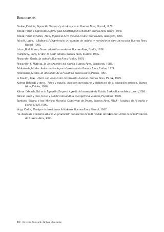 98 | Dirección General de Cultura y Educación
BIBLIOGRAFÍA
Stokoe, Patricia, Expresión Corporal y el adolescente. Buenos Aires, Ricordi, 1975.
Stokoe, Patricia, Expresión Corporal, guía didáctica para el docente. Buenos Aires, Ricordi, 1978.
Stokoe, Patricia y Sirkin, Alicia, El proceso de la creación en arte. Buenos Aires, Almagesto, 1994.
Falcoff, Laura, ¿Bailamos? Experiencias integradas de música y movimiento para la escuela. Buenos Aires,
Ricordi 1995.
Laban, Rudolf von, Danza educativa moderna. Buenos Aires, Paidós, 1978.
Humphrey, Doris, El arte de crear danzas. Buenos Aires, Eudeba, 1965.
Alexander, Gerda. La eutonía. Buenos Aires, Paidos, 1979.
Alexander, F. Mathias, La resurrección del cuerpo. Buenos Aires, Estaciones, 1988.
Feldenkrais, Moshe. Autoconciencia por el movimiento. Buenos Aires, Paidos, 1972.
Feldenkrais, Moshe. La dificultad de ver lo obvio. Buenos Aires, Paidos, 1991.
Le Boulch, Jean. Hacia una ciencia del movimiento humano. Buenos Aires, Paidos, 1979.
Kalmar Deborah y otros, Artes y escuela. Aspectos curriculares y didácticos de la educación artística. Buenos
Aires, Paidos, 1998.
Kalmar Deborah, Qué es la Expresión Corporal. A partir de la corriente de Patricia Stokoe. Buenos Aires, Lumen, 2005.
Ashead Janet y otro, Teoría y práctica del análisis coreográfico. Valencia, Papallona, 1999.
Tambutti Susana e Isse Moyano Marcelo, Cuadernos de Danza. Buenos Aires, IUNA - Facultad de Filosofía y
Letras (UBA), 1995.
Vega, Carlos, El origen de las danzas folklóricas. Buenos Aires, Ricordi, 1957.
“La danza en el sistema educativo provincial” documento de la Dirección de Educación Artística de la Provincia
de Buenos Aires, 2000.
 