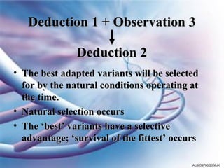 Deduction 1 + Observation 3

               Deduction 2
• The best adapted variants will be selected
  for by the natural conditions operating at
  the time.
• Natural selection occurs
• The ‘best’ variants have a selective
  advantage; ‘survival of the fittest’ occurs

                                           ALBIO9700/2006JK
 