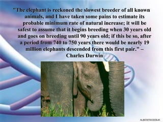 "The elephant is reckoned the slowest breeder of all known
     animals, and I have taken some pains to estimate its
    probable minimum rate of natural increase; it will be
  safest to assume that it begins breeding when 30 years old
  and goes on breeding until 90 years old; if this be so, after
   a period from 740 to 750 years there would be nearly 19
      million elephants descended from this first pair." –
                        Charles Darwin




                                                         ALBIO9700/2006JK
 