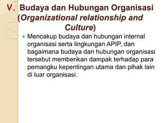 V. Budaya dan Hubungan Organisasi
(Organizational relationship and
Culture)
 Mencakup budaya dan hubungan internal
organisasi serta lingkungan APIP, dan
bagaimana budaya dan hubungan organisasi
tersebut memberikan dampak terhadap para
pemangku kepentingan utama dan pihak lain
di luar organisasi.
 