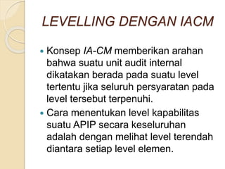 LEVELLING DENGAN IACM
 Konsep IA-CM memberikan arahan
bahwa suatu unit audit internal
dikatakan berada pada suatu level
tertentu jika seluruh persyaratan pada
level tersebut terpenuhi.
 Cara menentukan level kapabilitas
suatu APIP secara keseluruhan
adalah dengan melihat level terendah
diantara setiap level elemen.
 