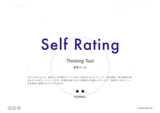 Self Rating DATE
NAME
.　　 　　.
＋ -
/100
Q.
Self Rating
思考ツール
Thinking Tool
★ ★
NORMAL
"Self Rating" は、漠然とした目標やテーマに対して採点をおこなうことで、加点要因、減点要因を導
き出すためのワークシートです。各要因の割り合いが視覚的に把握しやすいので、改善すべきポイント
を感覚的に理解することができます。
noteproject.jp
 