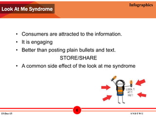 12/15/2015
Infographics
• Consumers are attracted to the information.
• It is engaging
• Better than posting plain bullets and text.
STORE/SHARE
• A common side effect of the look at me syndrome
Look At Me Syndrome
15-Dec-15 S N D T W U
6
 