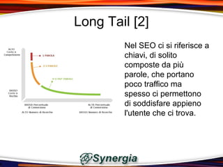 Long Tail [2]
        Nel SEO ci si riferisce a
        chiavi, di solito
        composte da più
        parole, che portano
        poco traffico ma
        spesso ci permettono
        di soddisfare appieno
        l'utente che ci trova.
 