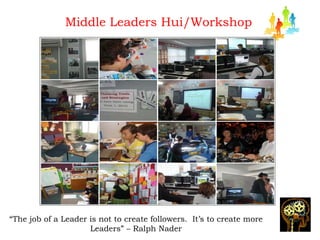 Middle Leaders Hui/Workshop “ The job of a Leader is not to create followers.  It’s to create more Leaders” – Ralph Nader 