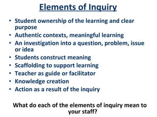 Elements of Inquiry Student ownership of the learning and clear purpose Authentic contexts, meaningful learning  An investigation into a question, problem, issue or idea Students construct meaning Scaffolding to support learning Teacher as guide or facilitator Knowledge creation Action as a result of the inquiry What do each of the elements of inquiry mean to your staff? 