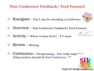 Post-Conference Feedback/ Feed Forward Energiser  – Top 5 tips for attending a Conference Overview -  Post-Conference Feedback/ Feed Forward Activity –  Where to from Here? – 3 T-chart Review -  Sharing Celebration  – Paraphrasing – One really important thing teachers should do  Post-Conference   *** PeaK-ICT Middle Leaders Hui 