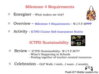 Milestone 4 Requirements Energiser  – What makes me tick?  Overview –  Milestone 4 Requirements  – W.I.T.F.M ??? Activity  –  ICTPD Cluster Self-Assessment Rubric ICTPD Sustainability Review –  ICTPD Sustainability– W.I.T.F.M??? - What’s Happening in Schools - Pooling together of teacher-created resources Celebration  – GLP Walk: I wish…I want…I wonder  PeaK-ICT Middle Leaders Hui 