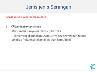 Jenis-jenis Serangan 
Berdasarkan ketersediaan data: 
1. Chipertext-only attack 
Kriptanalis hanya memiliki cipherteks 
Teknik yang digunakan: exhaustive key search dan teknik analisis frekuensi (akan dijelaskan kemudian)  