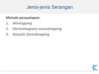 Jenis-jenis Serangan 
Metode penyadapan: 
1.Wiretapping 
2.Electromagnetic eavesdropping 
3.Acoustic Eavesdropping 
 