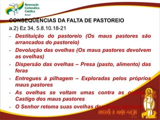 CONSEQÜÊNCIAS DA FALTA DE PASTOREIO
a.2) Ez 34, 5.8.10.18-21
- Destituição do pastoreio (Os maus pastores são
arrancados do pastoreio)
- Devolução das ovelhas (Os maus pastores devolvem
as ovelhas)
- Dispersão das ovelhas – Presa (pasto, alimento) das
feras
- Entregues à pilhagem – Exploradas pelos próprios
maus pastores
- As ovelhas se voltam umas contra as outras –
Castigo dos maus pastores
- O Senhor retoma suas ovelhas dos maus pastores
 