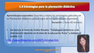 Aprendizajes esperados: Describe y valora las estrategias aplicadas en
su Planeación didáctica para el logro de los aprendizajes esperados.
                                            Duración: 1 hora 40 minutos

• De lectura al texto de Analía Rosales: “Estrategias didácticas o de
   intervención docente en el área de la educación física” y elabore el
   cuadro 1.3.
http://www.efdeportes.com/efd75/estrateg.htm
 