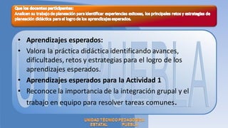 • Aprendizajes esperados:
• Valora la práctica didáctica identificando avances,
  dificultades, retos y estrategias para el logro de los
  aprendizajes esperados.
• Aprendizajes esperados para la Actividad 1
• Reconoce la importancia de la integración grupal y el
  trabajo en equipo para resolver tareas comunes.
 