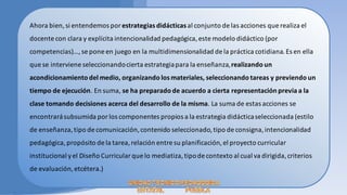 Ahora bien, si entendemos por estrategias didácticas al conjunto de las acciones que realiza el
docente con clara y explícita intencionalidad pedagógica, este modelo didáctico (por
competencias)…, se pone en juego en la multidimensionalidad de la práctica cotidiana. Es en ella
que se interviene seleccionando cierta estrategia para la enseñanza, realizando un
acondicionamiento del medio, organizando los materiales, seleccionando tareas y previendo un
tiempo de ejecución. En suma, se ha preparado de acuerdo a cierta representación previa a la
clase tomando decisiones acerca del desarrollo de la misma. La suma de estas acciones se
encontrará subsumida por los componentes propios a la estrategia didáctica seleccionada (estilo
de enseñanza, tipo de comunicación, contenido seleccionado, tipo de consigna, intencionalidad
pedagógica, propósito de la tarea, relación entre su planificación, el proyecto curricular
institucional y el Diseño Curricular que lo mediatiza, tipo de contexto al cual va dirigida, criterios
de evaluación, etcétera.)
 