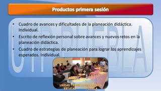 • Cuadro de avances y dificultades de la planeación didáctica.
  Individual.
• Escrito de reflexión personal sobre avances y nuevos retos en la
  planeación didáctica.
• Cuadro de estrategias de planeación para lograr los aprendizajes
  esperados. Individual.
 