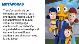 Transformación de un
elemento del mundo real a
uno que se integra visual y
sensorialmente al mundo
virtual del videojuego,
manteniendo su distinción
original (del mundo real) por el
usuario. Las metáforas
ayudan a que el jugador crea
lo que juega
METÁFORAS
 