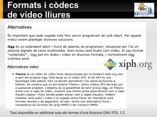 Formats i còdecs
de vídeo lliures




Text disponible en wikilinkat sota els termes d'una llicència GNU FDL 1.2
 