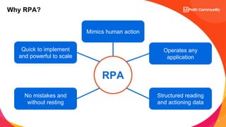 5
RPA
Mimics human action
Quick to implement
and powerful to scale
Operates any
application
No mistakes and
without resting
Structured reading
and actioning data
Why RPA?
 
