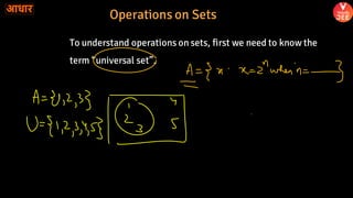 To understand operations on sets, first we need to know the
term “universal set”.
Operations on Sets
 