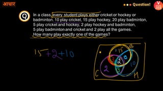 In a class, every student plays either cricket or hockey or
badminton. 10 play cricket, 15 play hockey, 20 play badminton,
5 play cricket and hockey, 2 play hockey and badminton,
5 play badminton and cricket and 2 play all the games.
How many play exactly one of the games?
Q
Question!
 