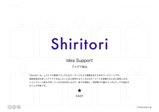 DATE
NAME
.　　 　　.Shiritori
1.
2.
3.
4.
5.
6.
7.
8.
9.
10.
11.
12.
13.
14.
15.
16.
17.
18.
19.
20.
21.
22.
23.
24.
25.
26.
27.
28.
29.
30.
Shiritori
アイデア創出
Idea Support
“Shiritori” は、しりとりの要領でランダムなキーワードを３０個導き出すためのワークシートです。
強制発想法を使ってアイデアを出したいときに使用するランダムなキーワードを準備するために使用します。
しりとりという誰もが知っている方法を用いるので、誰でも簡単に、短時間で大量のランダムワードを抽出す
ることが可能です。
★
EASY
noteproject.jp
 