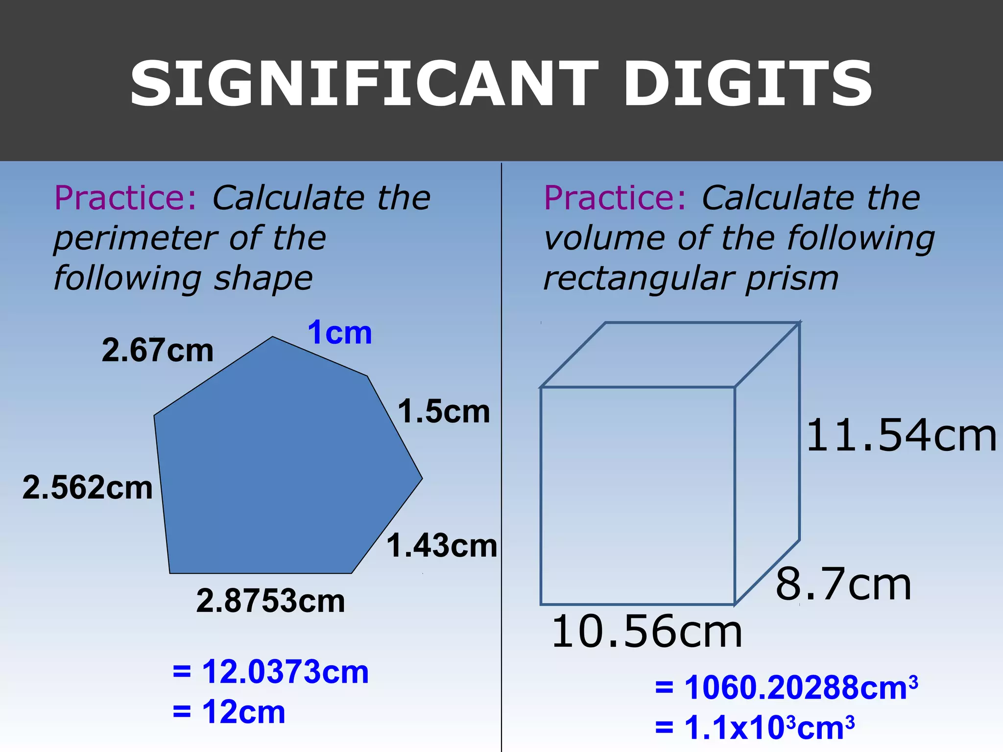 SIGNIFICANT DIGITS
Practice: Calculate the
perimeter of the
following shape
Practice: Calculate the
volume of the following
rectangular prism
2.67cm
2.562cm
1cm
1.5cm
2.8753cm
1.43cm
11.54cm
8.7cm
10.56cm
= 12.0373cm
= 12cm
= 1060.20288cm3
= 1.1x103
cm3
 