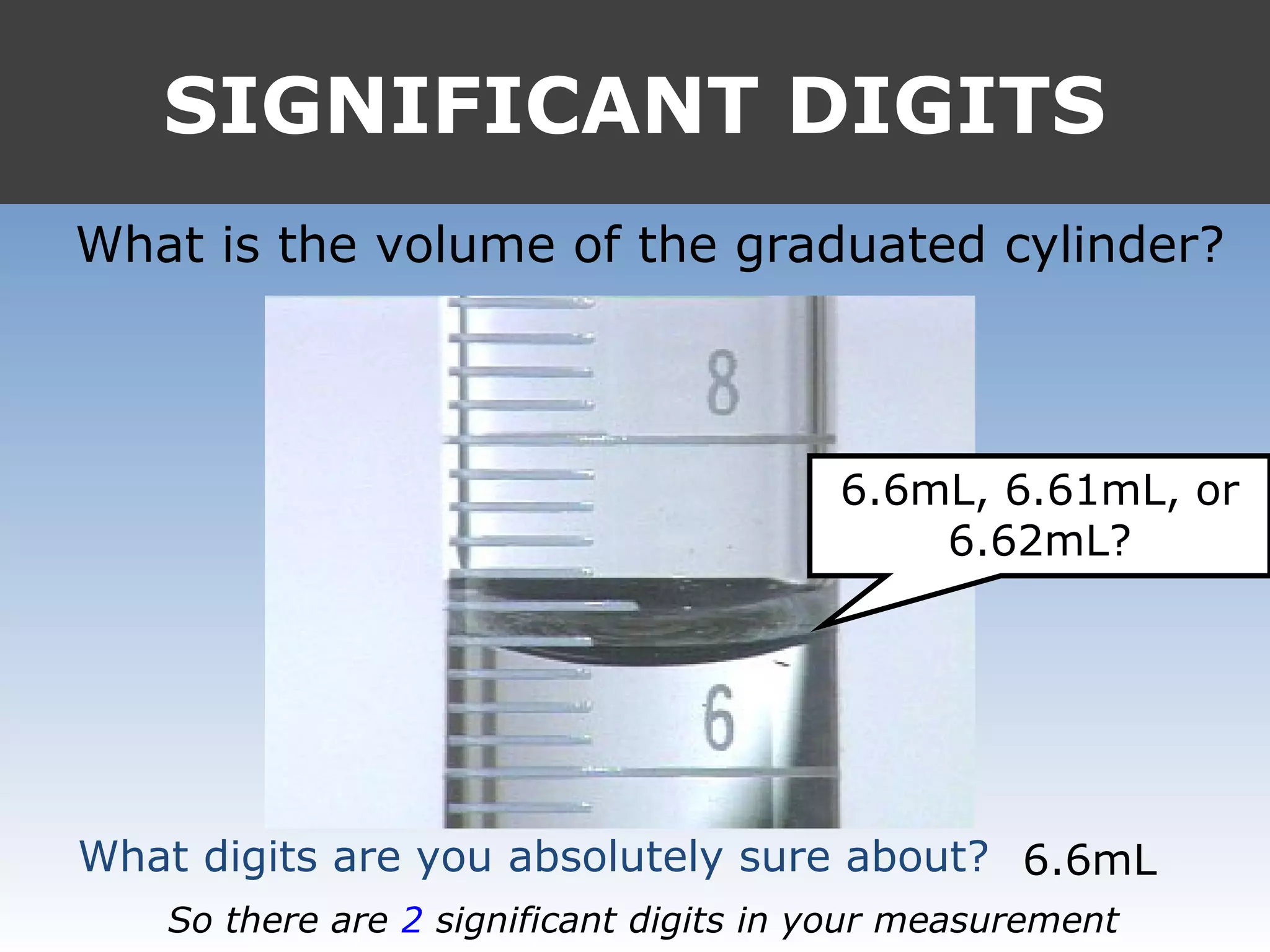 SIGNIFICANT DIGITS
What is the volume of the graduated cylinder?
What digits are you absolutely sure about?
6.6mL, 6.61mL, or
6.62mL?
6.6mL
So there are 2 significant digits in your measurement
 